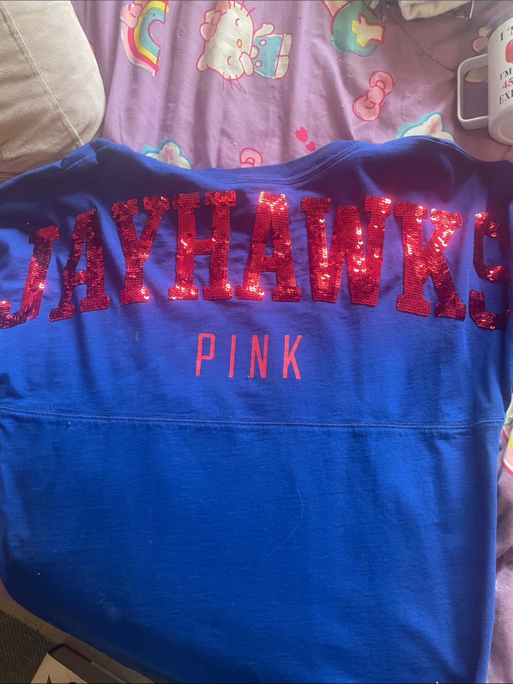 Pink Victoria's Secret Royal Blue Long Sleeve Crew With Red Sequin 'Jayhawks'